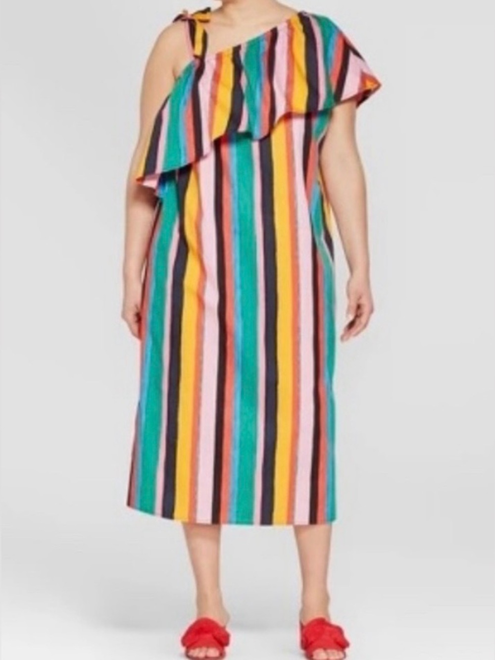 Who What Wear Colorful Stripe Ruffle Top Midi Dress
